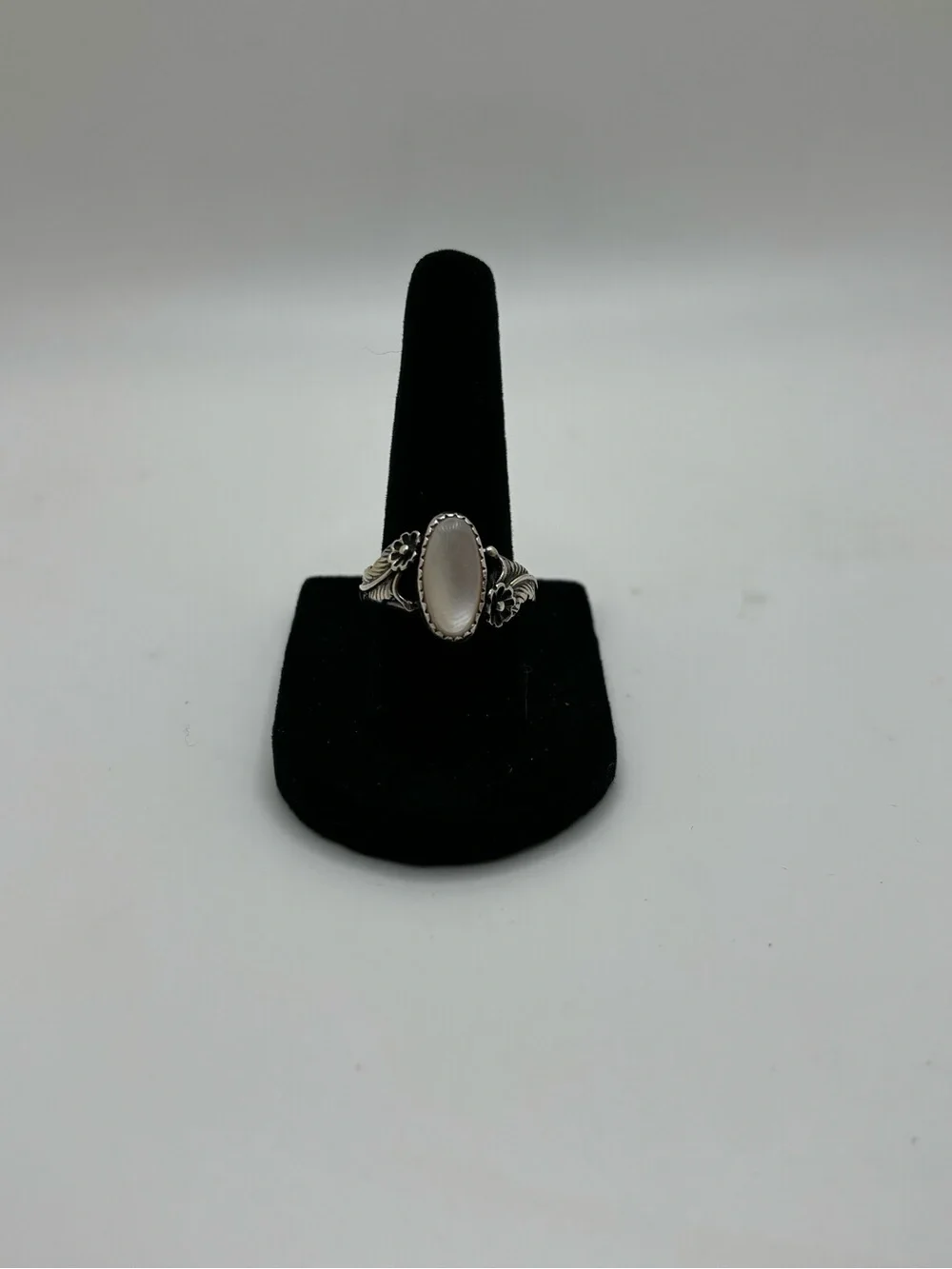 Sterling Silver White Opal Oval Ring - Elegant Floral Accent